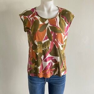 Tahari Womens 100% Linen Tropical‎ Leaf Print Cap Sleeve Button Back Top Green M